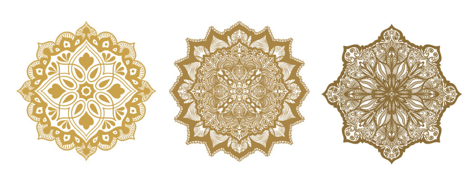 Set of hand drawn gold zentangle mandalas, Mandala for henna, mehendi, tattoo, Decorative ethnic ornamental elements, Oriental patterns. Doodle mandalas. Floral, abstract mandalas for coloring book.
