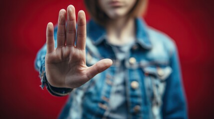 Person in denim jacket holds hand up in front of red background during a moment of pause