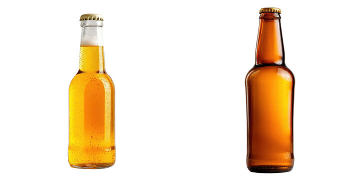 Beer bottle glass bottle cold drink golden liquid condensation brown bottle beverage alcohol refreshment isolated transparent glass carbonated foam cap chill cool bar pub party drink lager ale