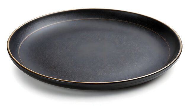 Elegant black plate with gold rim on white background