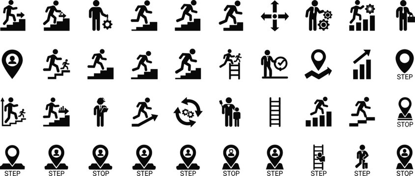 Black and white of people climbing stairs and steps with location markers
