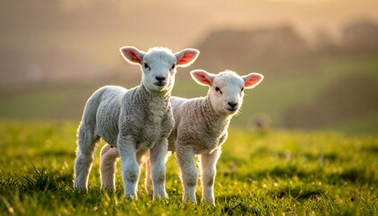 Fototapeta premium Two fluffy lambs stand together in a grassy field, illuminated by soft golden sunlight. The focus is on their cute faces