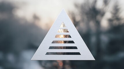 A white triangular design with layered sections, overlaid on a blurred nature scene
