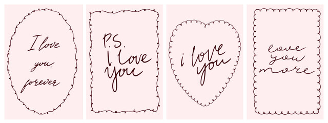 Vintage hand drawn frames. Set of whimsical Valentine's day frames for greeting cards, wedding and birthday party, picnic invitations in cute elegant. Vector elegant coquette line art