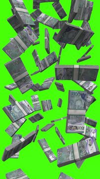 Vertical Barbados Dollar bills falling on chromakey, BBD finance animation