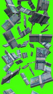Vertical Turkmenistan Manat bills falling on chromakey, TMT finance animation