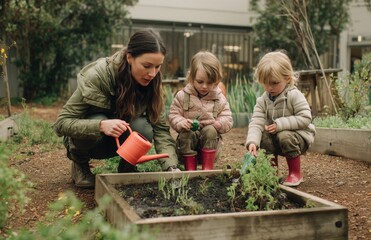 Daycare caregiver gardening with toddlers in outdoor courtyard