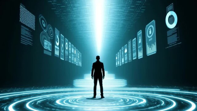 Businessman walking through glowing digital rings in dark futuristic technology environment