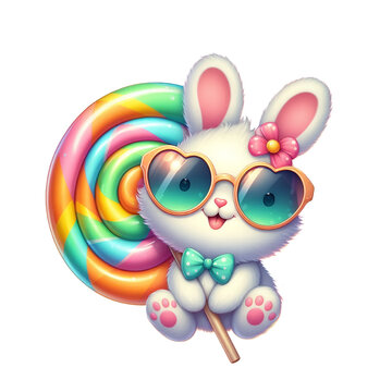 Cartoon Bunny Wearing Sunglasses with Lollipop