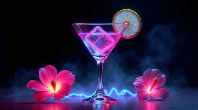 Neon pink cocktail glass with glowing hibiscus flowers and smoke in a dark synthwave aesthetic bar setting
