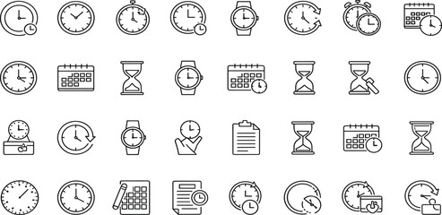 Essential collection of business analytics line icons demonstrating data processing, financial growth, time management, and market performance for strategic planning