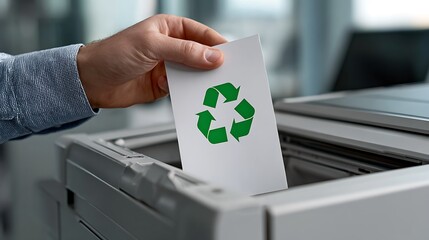 A person inserts a paper with a recycling symbol into a copier for eco-friendly practices