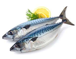 Two fresh, silvery fish with blue stripes and dark spots, arranged together, garnished with lemon and green herbs