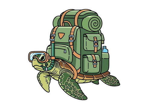 A cartoon illustration of a green sea turtle wearing a large hiking backpack and snorkeling gear, ready for adventure.