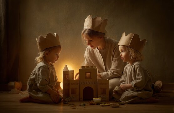 Caregiver and toddlers build cardboard castle in pretend play