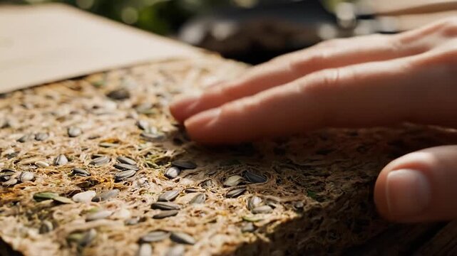 Close-up of hand touching artisan multigrain crispbread on a rustic wooden table. Natural healthy snack made from seeds and grains, representing organic food, clean eating, and wholesome lifestyle.