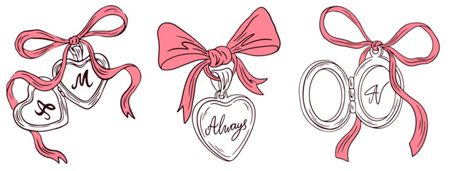 Hand drawn lockets with ribbon and bow. Set of whimsical girly medallion for greeting cards, wedding, Valentine's Day, invitations. Coquette vintage love lockets. Vector elegant line art