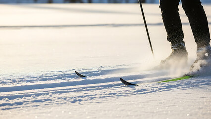 Skier gliding across fresh snow on winter landscape  