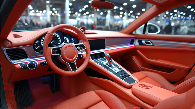 Luxury Red Sports Car Interior in Modern Showroom with Illuminated Control Panel - Powered by Adobe