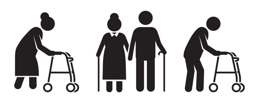 Senior citizens using walker cane mobility support vector icon set