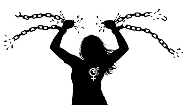 Woman Breaking Free from Chains Silhouette.