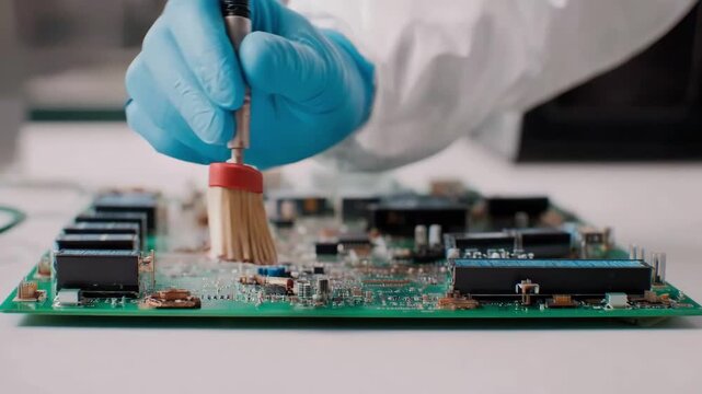 Medium shot of a worker scrubbing a circuit board with a solventsoaked brush carefully eliminating stubborn grime for improved conductivity.