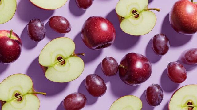 Red apple, grape, and plum with apple slice arranged pastel purple background, creating fresh, healthy fruit pattern and vibrant snack with juicy texture, playful mood, and natural appetizing