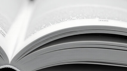 Open book with visible pages and text in black and white  