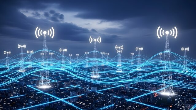 Smart city communication network and telecommunication towers. 5G technology and wireless connection. Signal towers emitting waves over an illuminated urban skyline during blue hour