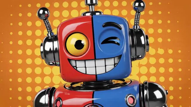 A cheerful, two-toned robot character with a split face, smiling and winking playfully.