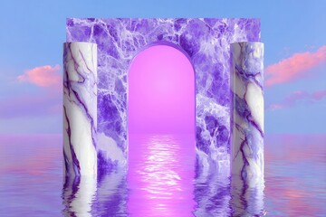 Marble archway on surreal water landscape reflecting vibrant sunset sky