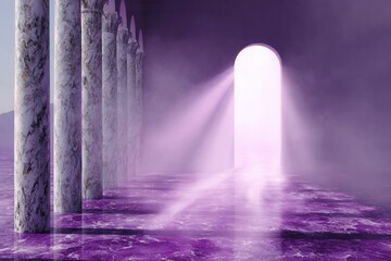 Mystical marble hallway with purple haze radiant light