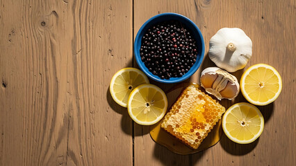Honeycomb, lemon slices, and blackberries arranged on wooden table  