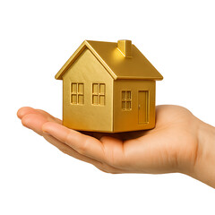 Golden house model resting on human hand isolated on transparent background