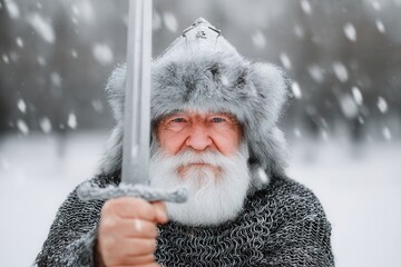 Viking warrior holding sword in snowy landscape