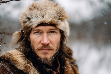 Man in fur hat standing in snowy winter