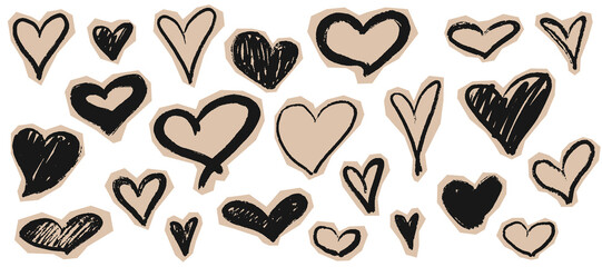 Cut out funky hearts scrapbook doodle elements. Hand drawn crayon scribble collage stickers set. Vector torn craft paper shapes with texture for design notebooks, diaries, journaling
