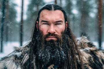 Viking warrior portrait in snowy