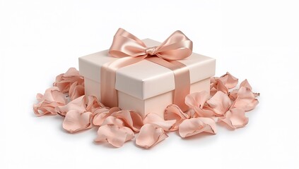 pink gift box with ribbon, a luxurious gift box adorned with a delicate satin ribbon in a soft sheen finish, surrounded by a delicate arrangement of dried rose petals in a subtle.