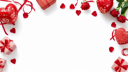 frame of red hearts, Love festival concept with heart balloons, red roses, gift boxes and ribbon arrangement, isolated on white background.