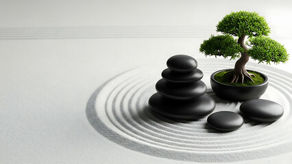 Zen garden with stacked stones and small tree in circular pattern  