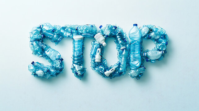 Plastic bottles arranged to form word STOP against light background, emphasizing environmental awareness and recycling