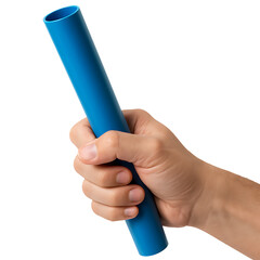 Hand holding blue pipe isolated on transparent background