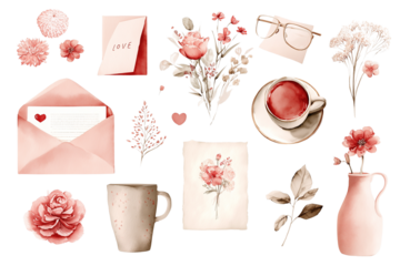 Romantic floral elements isolated on transparent background