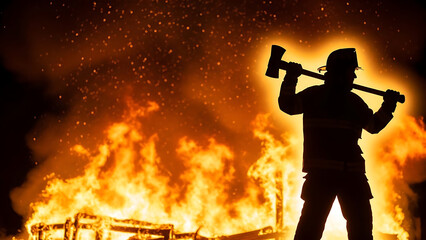 Firefighter holding axe while silhouetted against raging flames  