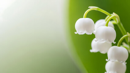 Delicate white lily of the valley flowers on green background  
