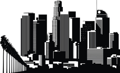 Fototapeta premium City, Skyline, Silhouette, Los, Angeles, Skyscraper, Palm, Tree, Urban, Architecture, Downtown, California, Tower, Building, Spire, Grid, Black, Vector, Illustration, Design