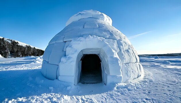A dome-shaped dwelling made of snow bricks stands in a snowy landscape under a clear blue sky. A dark opening awaits