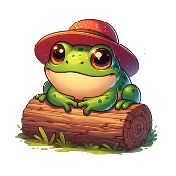 Cartoon Frog Wearing Hat Sitting Log