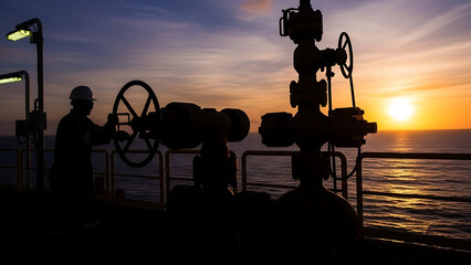 Worker operating valve silhouette against sunset on ocean background  